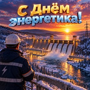 Открытка «С Днём энергетика!» с гидроэлектростанцией