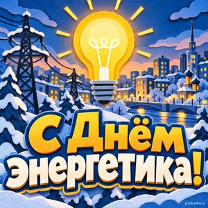 Открытка «С Днём энергетика!» с лампочкой над городом