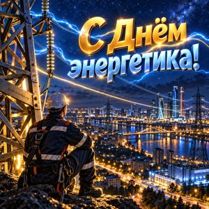 Открытка «С Днём энергетика!» с ЛЭП и огнями города