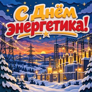 Открытка «С Днём энергетика!» с ЛЭП в сумерках
