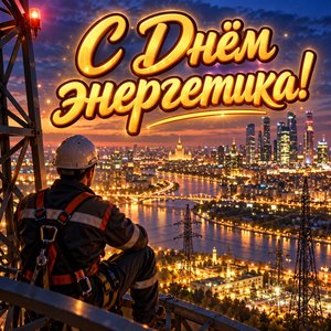Открытка «С Днём энергетика!» с ночным городом