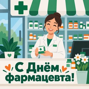 Открытка «С Днём фармацевта!» с аптекой и зелёным крестом