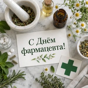 Открытка «С Днём фармацевта!» со ступкой и травами