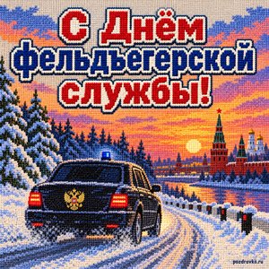 Открытка «С Днём фельдъегерской службы!» с машиной на трассе