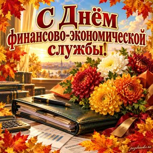 Открытка «С Днём финансово-экономической службы!» с папкой и букетом хризантем в рамке из кленовых листьев