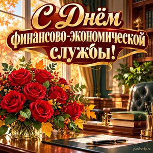 Открытка «С Днём финансово-экономической службы!» с строгим кабинетом и розами при золотом солнечном свете