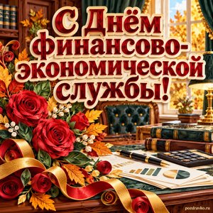 Открытка «С Днём финансово-экономической службы!» с строгим кабинетом и розами с нарядными праздничными лентами