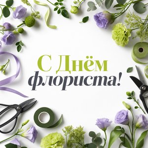 Открытка с Днём флориста с графичной раскладкой цветов