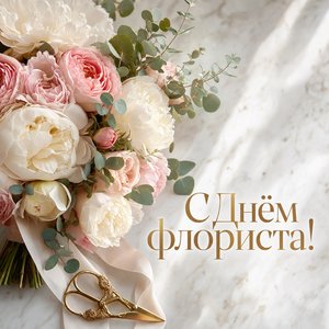 Открытка с Днём флориста с роскошным букетом на мраморе