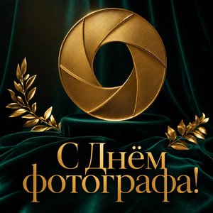 Открытка с Днём фотографа с золотой диафрагмой