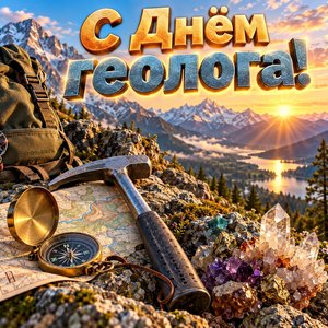 Открытка «С Днём геолога!» с молотком и кристаллами