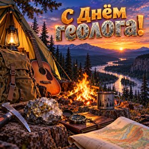 Открытка «С Днём геолога!» с палаткой и гитарой