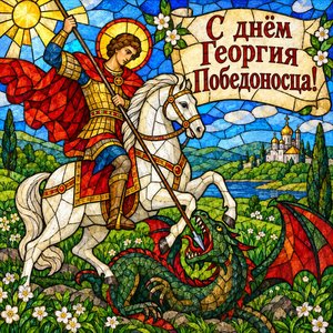 Открытка «С днём Георгия Победоносца!» с Георгием на белом коне