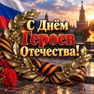 Открытка «С Днём Героев Отечества!» с лавровым венком и лентой