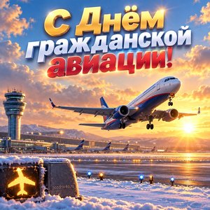 Открытка «С Днём гражданской авиации!» с самолётом на рассвете