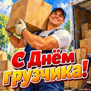 Открытка «С Днём грузчика!» с грузчиком и коробками