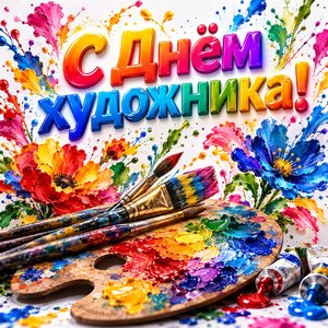 Открытка «С Днём художника!» с цветами из красок