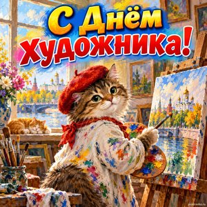 Открытка «С Днём художника!» с котом-художником