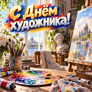 Открытка «С Днём художника!» с мольбертом и палитрой