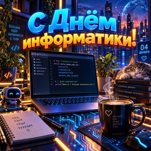 Открытка «С Днём информатики!» с ноутбуком и кодом
