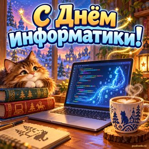 Открытка «С Днём информатики!» с ноутбуком и светящимся кодом