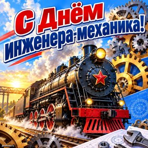 Открытка «С Днём инженера-механика!» с паровозом