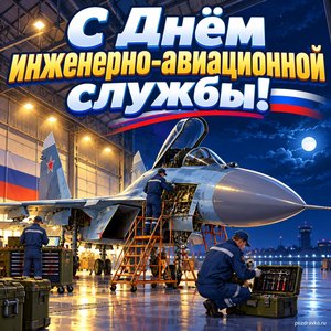 Открытка «С Днём инженерно-авиационной службы!» с ангаром ночью