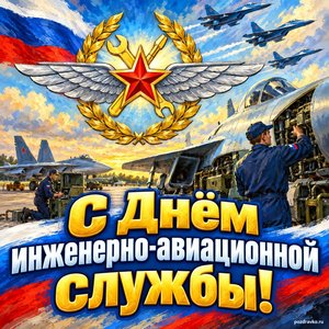 Открытка «С Днём инженерно-авиационной службы!» с эмблемой с крыльями