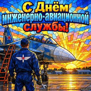 Открытка «С Днём инженерно-авиационной службы!» с техником у самолёта