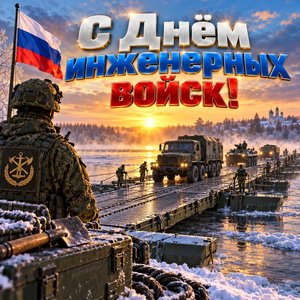 Открытка «С Днём инженерных войск!» с понтонным мостом