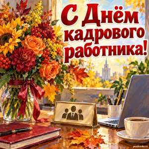 Открытка «С Днём кадрового работника!» с букетом у ноутбука
