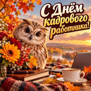 Открытка «С Днём кадрового работника!» с доброй совой в очках на фоне мягких осенних облаков