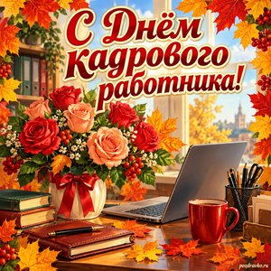 Открытка «С Днём кадрового работника!» с ноутбуком и розами в рамке из кленовых листьев