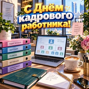 Открытка «С Днём кадрового работника!» с папками и оргструктурой