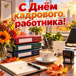 Открытка «С Днём кадрового работника!» с папками и печатью