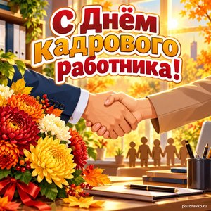 Открытка «С Днём кадрового работника!» с рукопожатием и хризантемами при золотом солнечном свете
