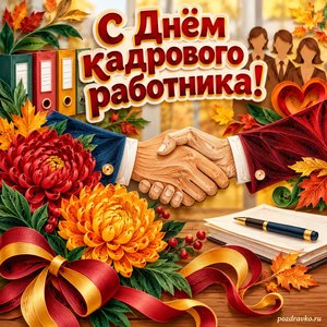 Открытка «С Днём кадрового работника!» с рукопожатием и хризантемами с нарядными праздничными лентами