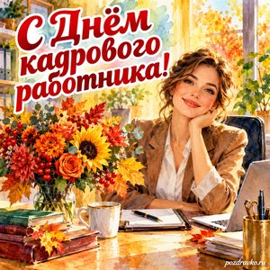 Открытка «С Днём кадрового работника!» с сотрудницей и букетом на столе при золотом солнечном свете