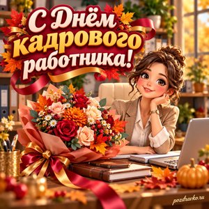 Открытка «С Днём кадрового работника!» с сотрудницей и букетом на столе с нарядными праздничными лентами