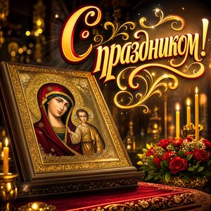 Открытка на Празднование Казанской иконы Божией Матери с иконой и свечами