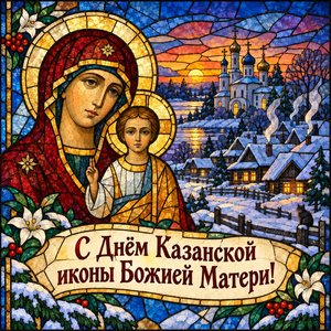 Открытка «С Днём Казанской иконы Божией Матери!» с деревней в сумерках