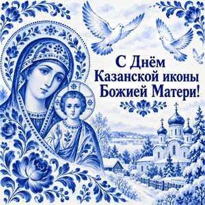 Открытка «С Днём Казанской иконы Божией Матери!» с голубями над храмом