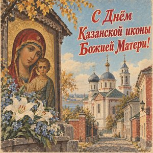 Открытка «С Днём Казанской иконы Божией Матери!» с храмом на тихой улице