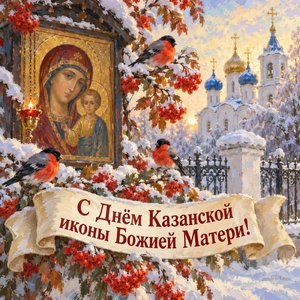 Открытка «С Днём Казанской иконы Божией Матери!» со снегирями на рябине