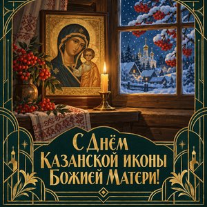Открытка «С Днём Казанской иконы Божией Матери!» со свечой в окне избы