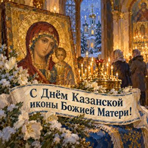 Открытка «С Днём Казанской иконы Божией Матери!» со светом в окнах храма