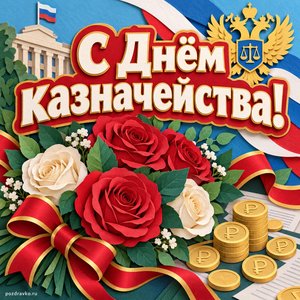 Открытка «С Днём казначейства!» с розами и монетами