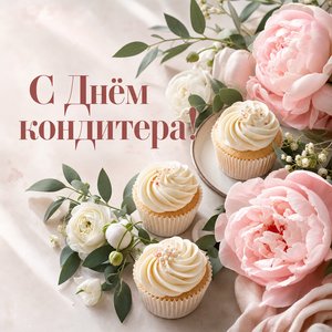 Открытка с Днём кондитера с капкейками и цветами
