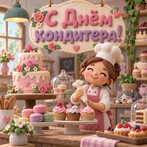 Открытка «С Днём кондитера!» с пластилиновой кондитерской
