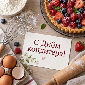 Открытка «С Днём кондитера!» с тартом и мукой